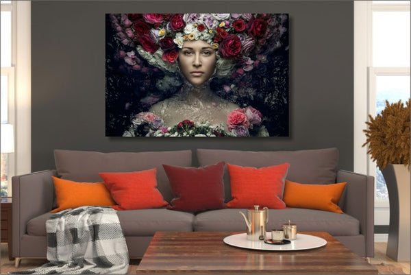 Glasschilderij  Vrouw met roze bloemen 120x80cm