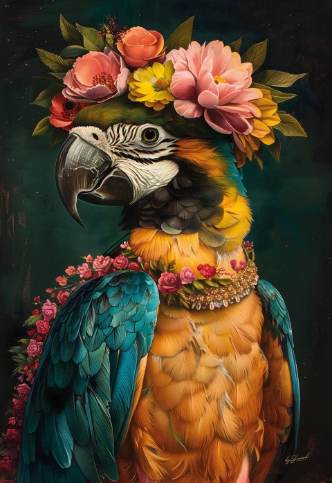 Glasschilderij Ara met bloementooi  110x160 cm