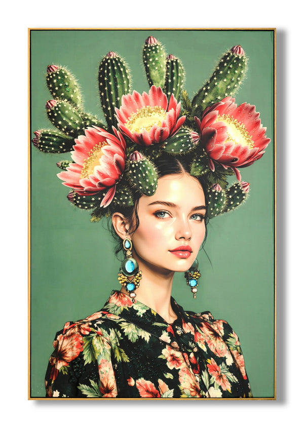 Canvas schilderij met lijst en glitters Vrouw met cactus 82x122 cm