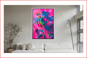 Canvas schilderij Handgeschilderd met lijst  'Blue plant'80x120 cm