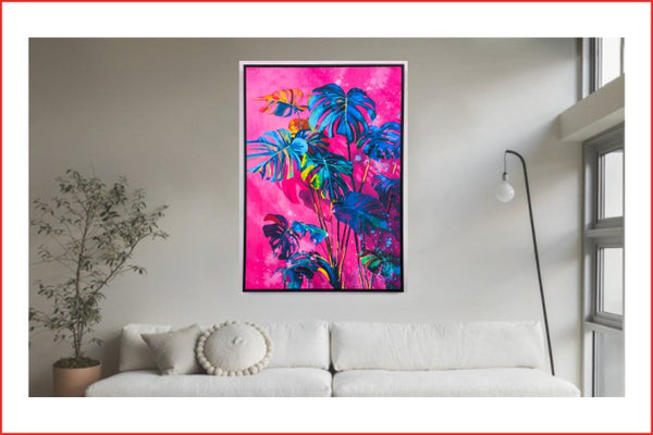 Canvas schilderij Handgeschilderd met lijst  'Blue plant'80x120 cm