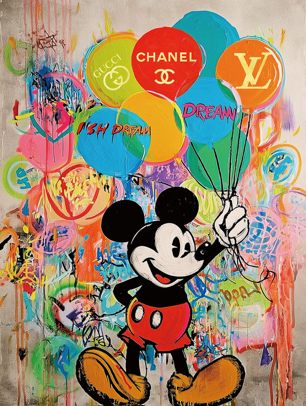 Glasschilderij met goudfolie  Muis met ballonnen 60x80 cm