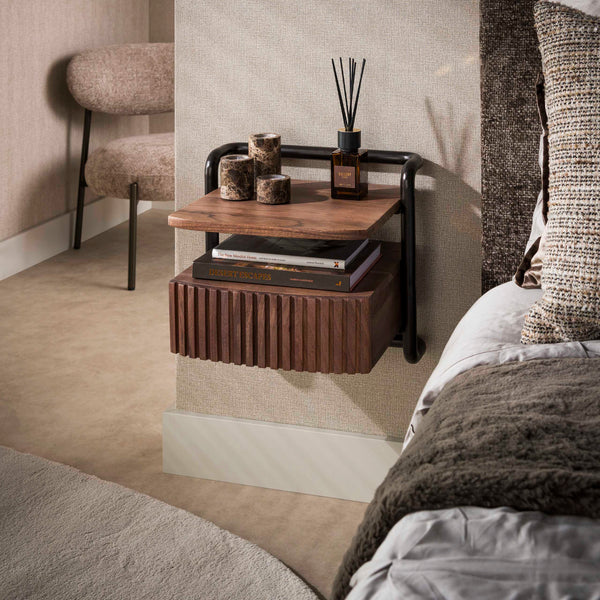 Nachtkastje Linea zwevend 1 lade / Massief acacia bruin
