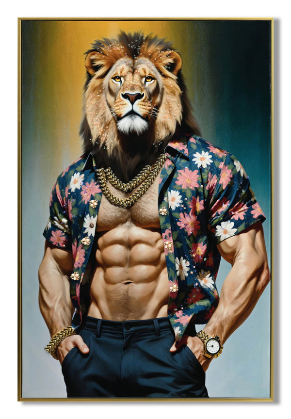 Canvas schilderij met lijst en glitters Leeuw sixpack 52x72 cm