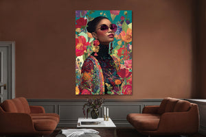 Glasschilderij Vrouw met gekleurde bloemen 80x120cm