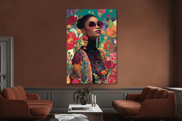 Glasschilderij Vrouw met gekleurde bloemen 80x120cm
