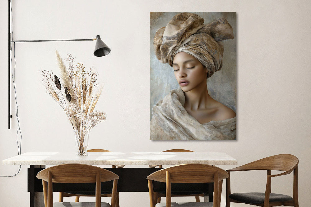 Glasschilderij Vrouw in wit doek 80x120 cm