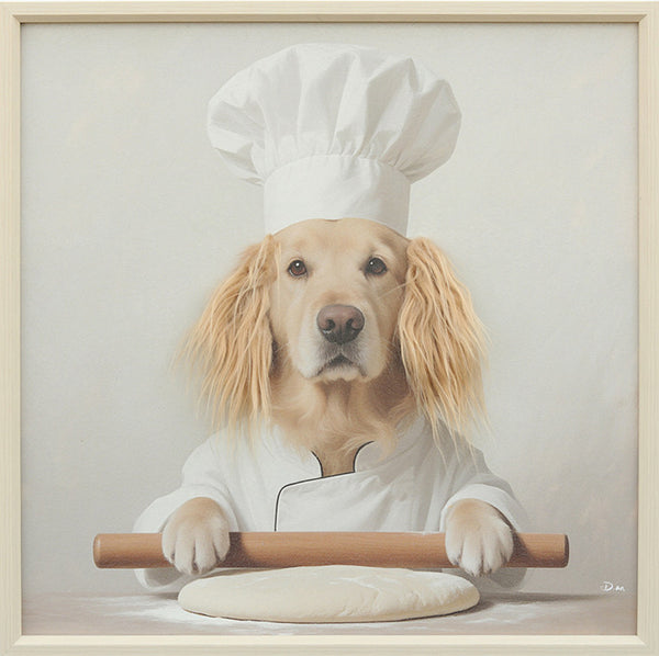 Aaibaar canvas schilderij met lijst & imitatie bont Chef hond 60x60 cm