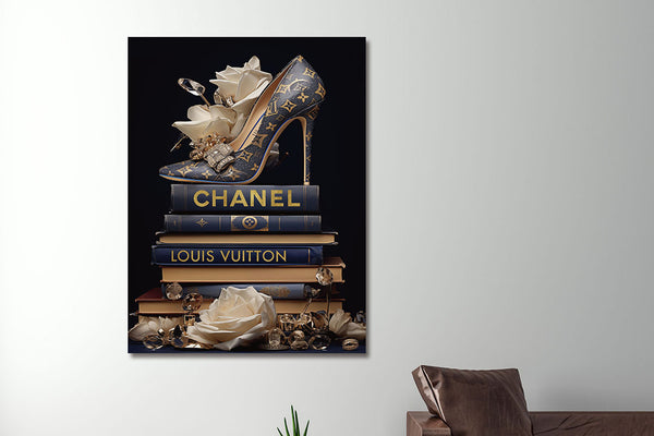 Glasschilderij met goudfolie  Hak met blauwe boeken 60x80cm