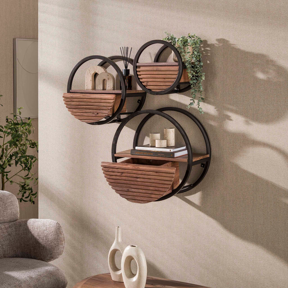 Wandschap set 3 stuks Circular 1 lade Ø30,40 &50 cm / Massief acacia bruin