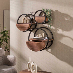 Wandschap set 3 stuks Circular 1 lade Ø30,40 &50 cm / Massief acacia bruin