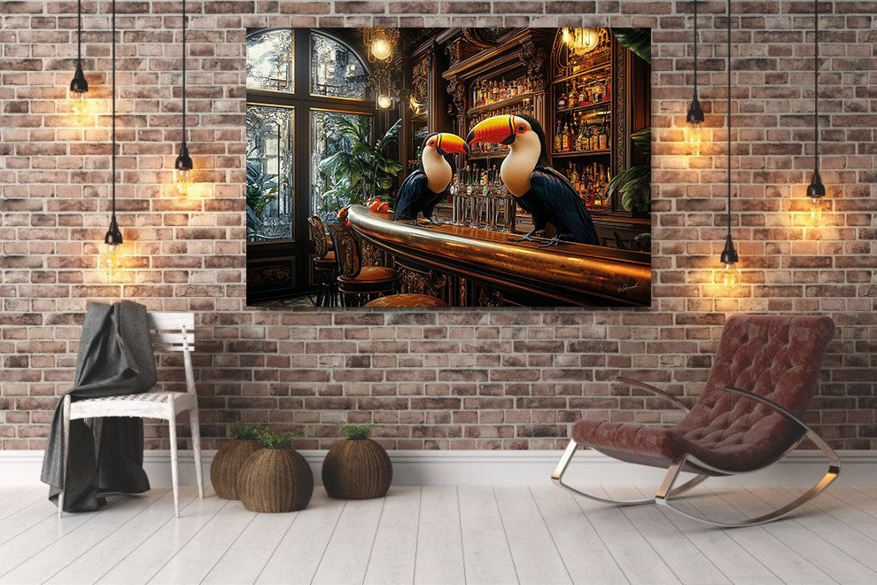 Glasschilderij Toekans aan de bar  160x110 cm