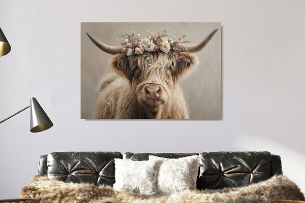 Glasschilderij  Hooglander met bloemenkrans 120x80cm