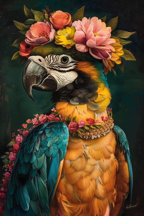 Glasschilderij  Ara met bloemen 80x120 cm