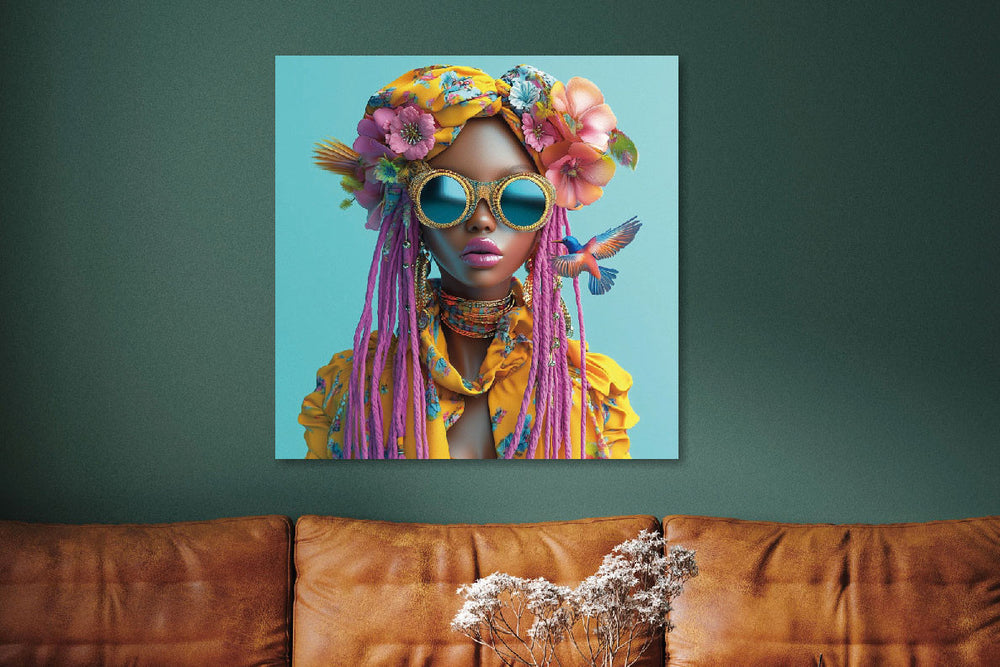 Glasschilderij  Vrouw met roze haren 80x80 cm