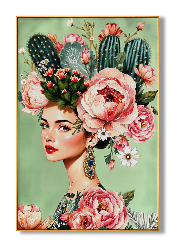 Canvas schilderij met lijst en glitters Vrouw met cactus V2 82x122 cm