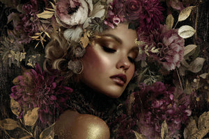 Glasschilderij Gouden vrouw in bloemen  160x110cm