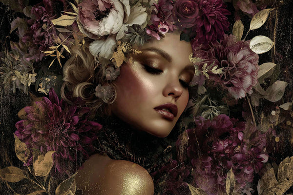 Glasschilderij Gouden vrouw in bloemen  160x110cm