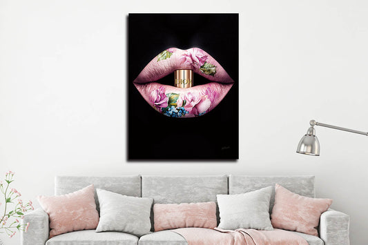 Glasschilderij  Lippen met bloemen 60x80cm (Magazijn sale)