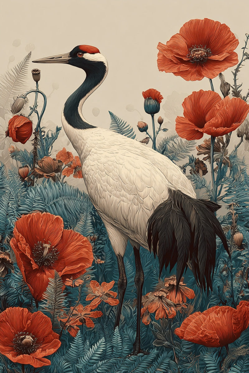 Glasschilderij  Kraanvogel tussen de rode bloemen 80x120 cm