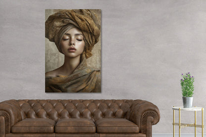 Glasschilderij Vrouw in bruin doek 80x120 cm