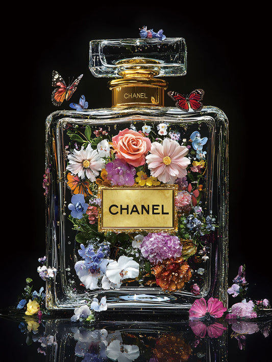 Glasschilderij Parfumflesje met bloemen 60x80 cm