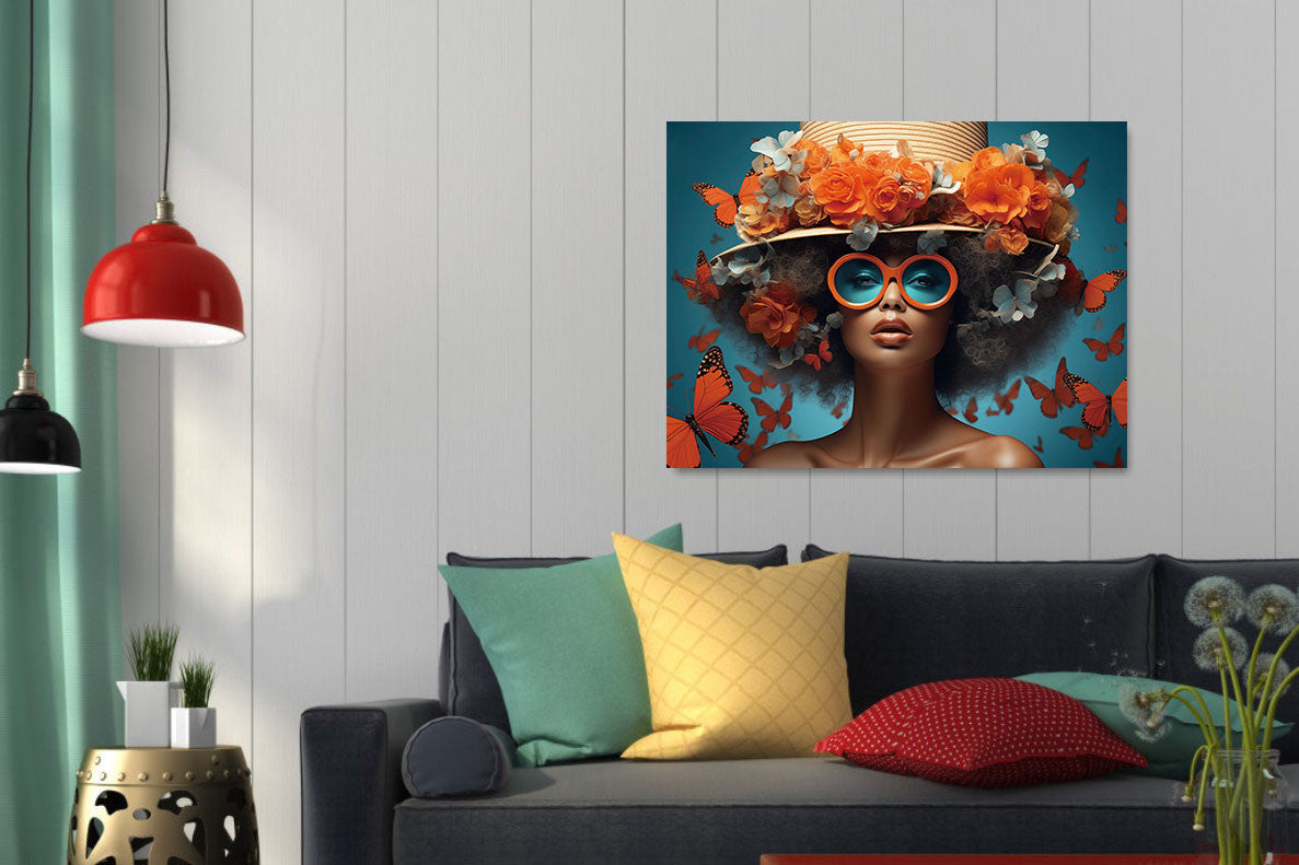 Glasschilderij met goudfolie Vrouw met oranje vlinders en bril 60x80 cm