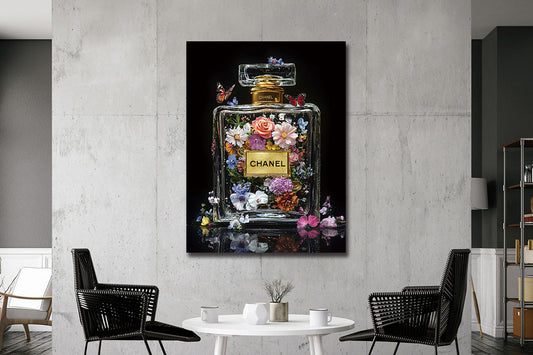 Glasschilderij Parfumflesje met bloemen 60x80 cm