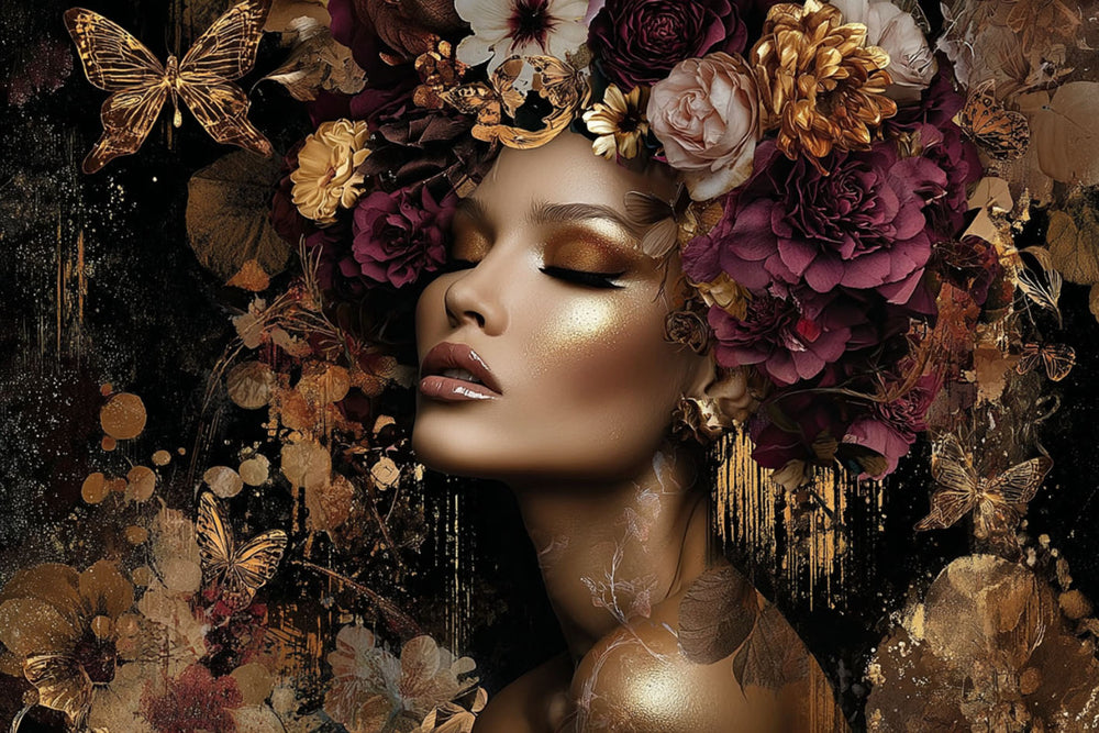 Glasschilderij  Gouden vrouw met bloemen 1 120x80 cm