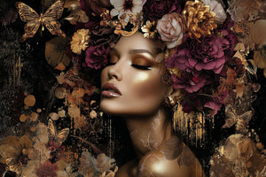 Glasschilderij  Gouden vrouw met bloemen 1 120x80 cm