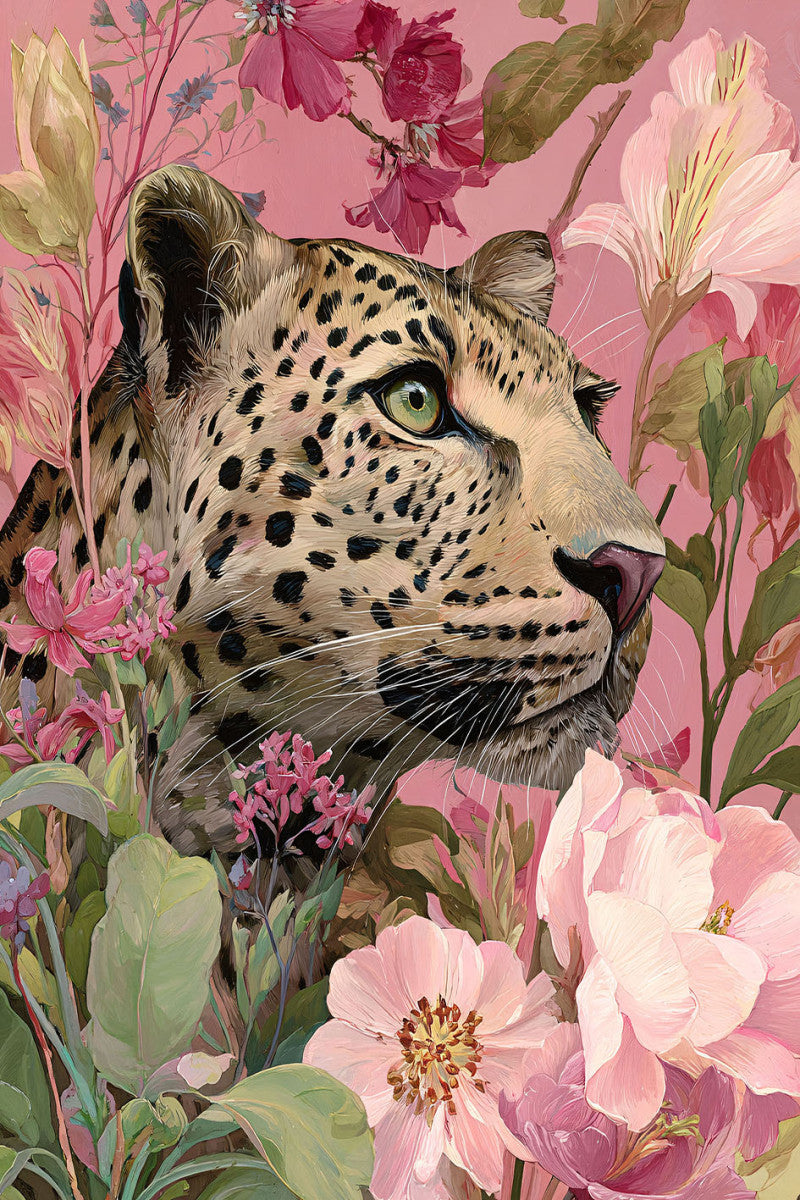 Glasschilderij Panter tussen de roze bloemen 80x120cm van Ter Halle