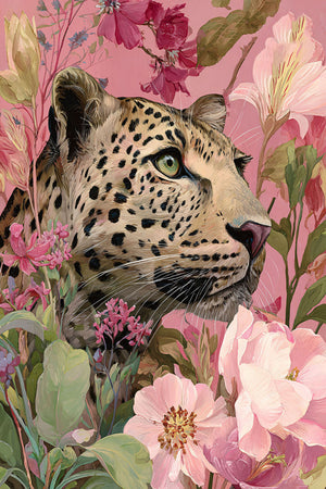 Glasschilderij Panter tussen de roze bloemen 80x120cm