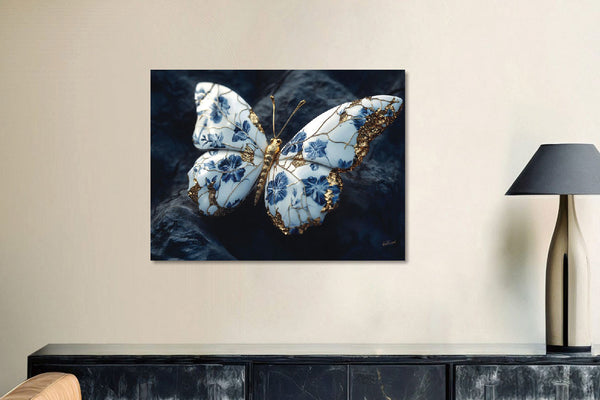 Glasschilderij  Blauw witte vlinder  60x80 cm
