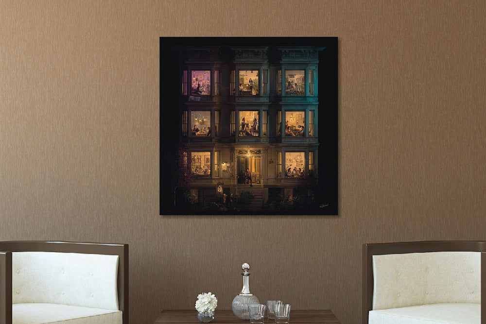 Glasschilderij  Flatgebouw in de avond 2 80x80 cm