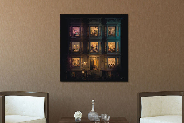 Glasschilderij  Flatgebouw in de avond 2 80x80 cm