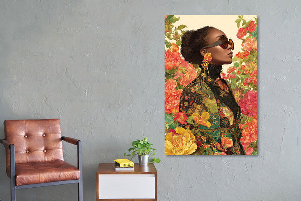 Glasschilderij  Vrouw met gekleurde bloemen V2 80x120cm