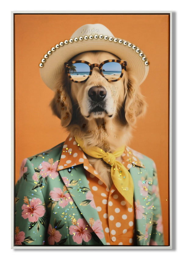 Canvas schilderij met lijst en glitters Hond met hoed 52x72 cm
