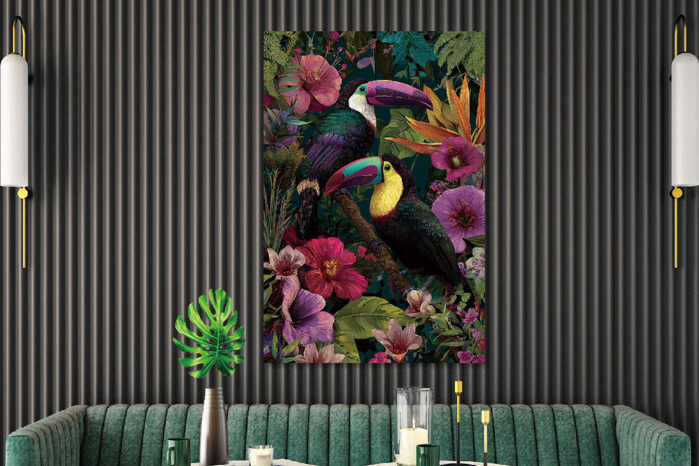 Glasschilderij Gekleurde toekans 80x120 cm