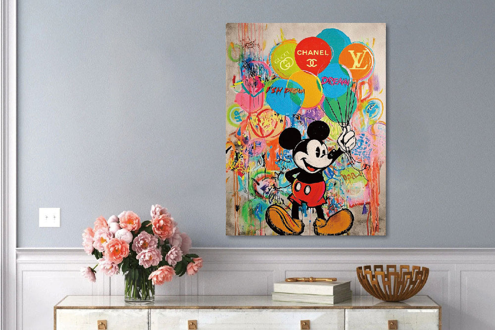 Glasschilderij met goudfolie  Muis met ballonnen 60x80 cm