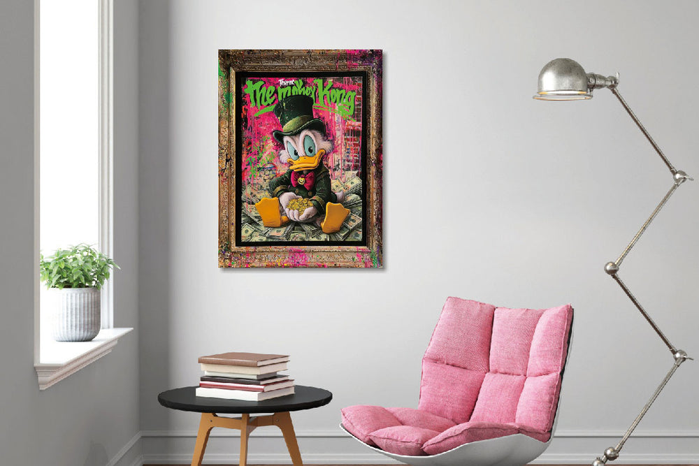 Glasschilderij met goudfolie Eend op biljetten 60x80 cm