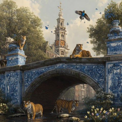 Glasschilderij  Blauwe brug met tijgers 2 80x80 cm