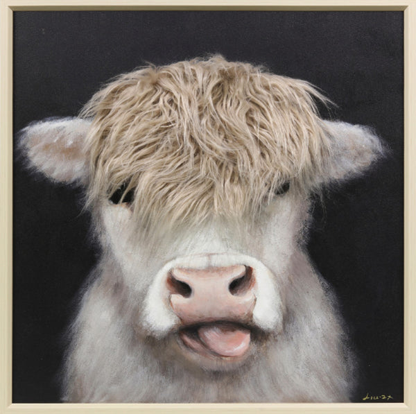 Aaibaar canvas schilderij met lijst & imitatie bont Koe 60x60 cm