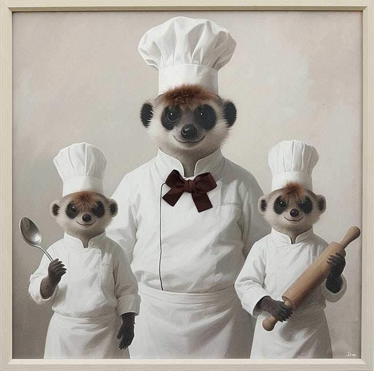 Aaibaar canvas schilderij met lijst & imitatie bont familie chef 60x60 cm
