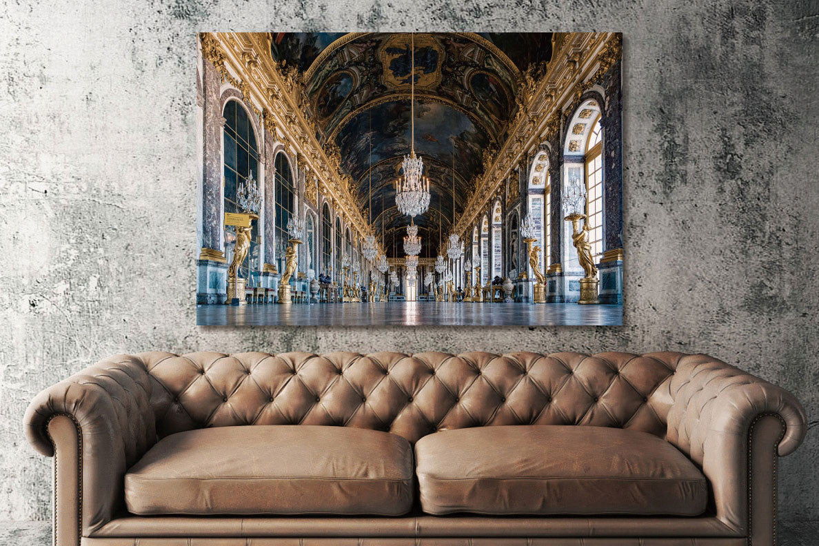 Glasschilderij met uniek 3D reliëf  Paleis met kroonluchters 160x110cm