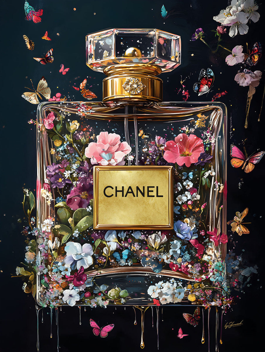 Glasschilderij  Parfum met bloemen 60x80cm