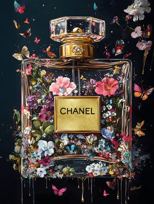 Glasschilderij  Parfum met bloemen 60x80cm