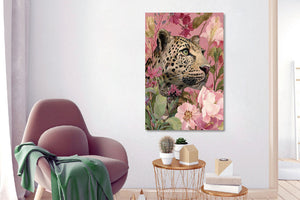 Glasschilderij Panter tussen de roze bloemen 80x120cm