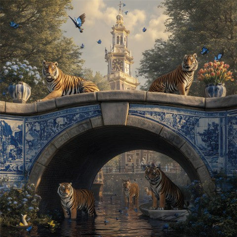 Glasschilderij Blauwe brug met tijgers 1 80x80 cm