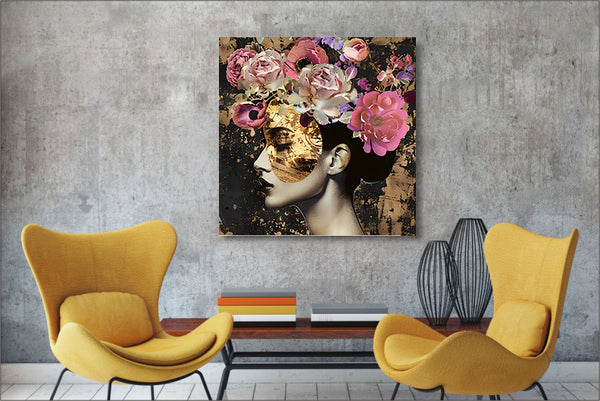 Glasschilderij  Vrouw met goud en bloemen 80x80 cm