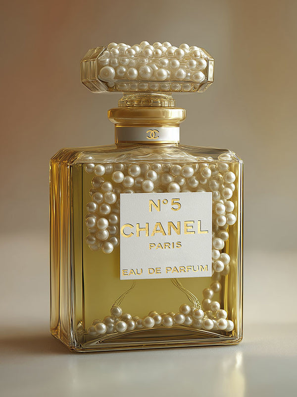 Glasschilderij met goudfolie  Parfum goud met parels 60x80 cm